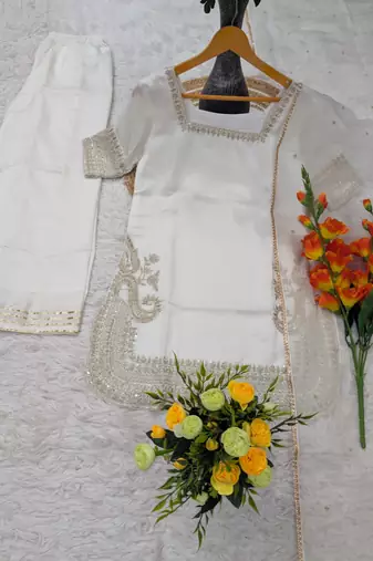Women's off white chinon  embroidered kurti set with palazzo and dupatta