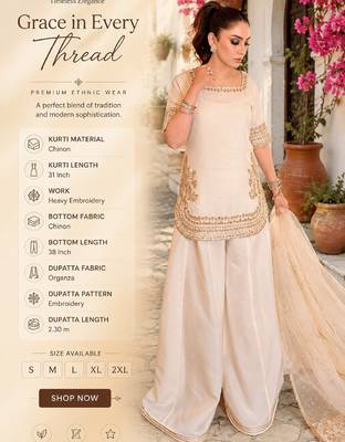 Women's off white chinon  embroidered kurti set with palazzo and dupatta 2