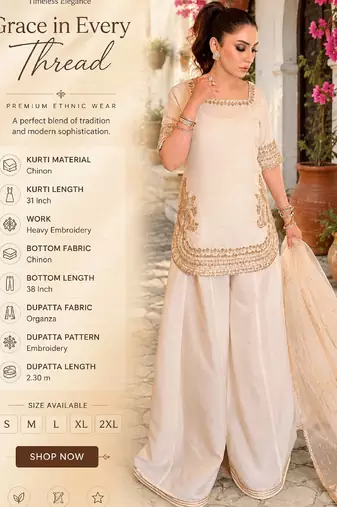 Women's off white chinon  embroidered kurti set with palazzo and dupatta