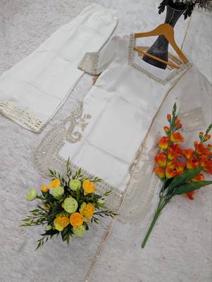 Women's off white chinon  embroidered kurti set with palazzo and dupatta 3