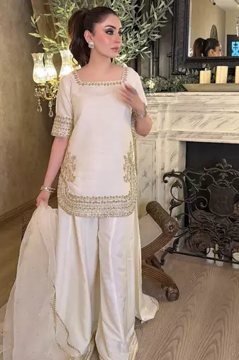 Women's off white chinon  embroidered kurti set with palazzo and dupatta