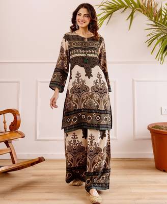Women's dark brown rayon printed kurti set with palazzo 1