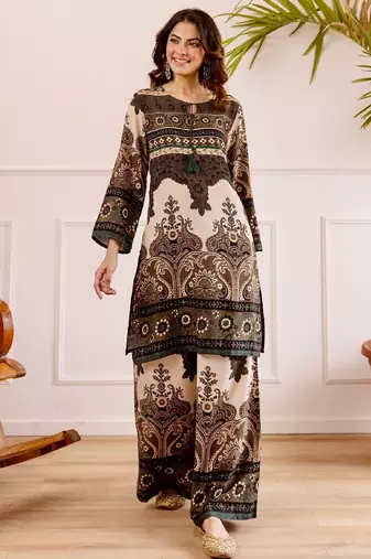 Women's dark brown rayon printed kurti set with palazzo