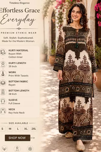 Women's dark brown rayon printed kurti set with palazzo