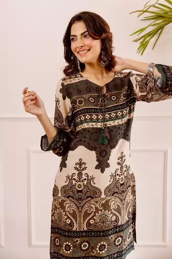 Women's dark brown rayon printed kurti set with palazzo