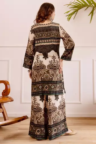 Women's dark brown rayon printed kurti set with palazzo