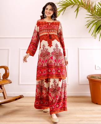 Women's pink rayon printed kurti set with palazzo 1