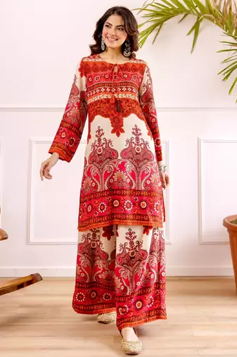 Women's pink rayon printed kurti set with palazzo