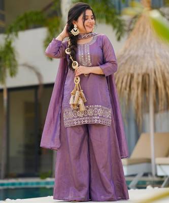 Women's purple silk blend embroidered straight kurta set with palazzo and dupatta 1