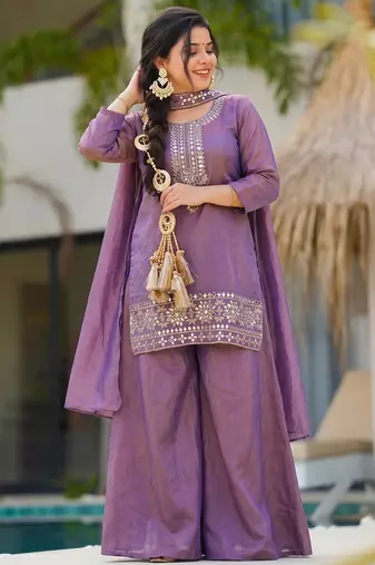 Women's purple silk blend embroidered straight kurta set with palazzo and dupatta