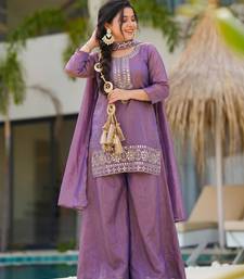 Women's purple silk blend embroidered straight kurta set with palazzo and dupatta