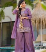 Women's purple silk blend embroidered straight kurta set with palazzo and dupatta