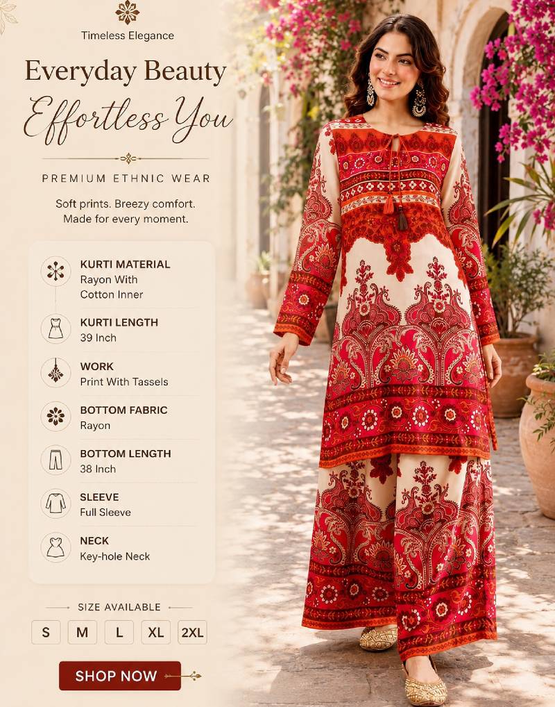 Women's pink rayon printed kurti set with palazzo