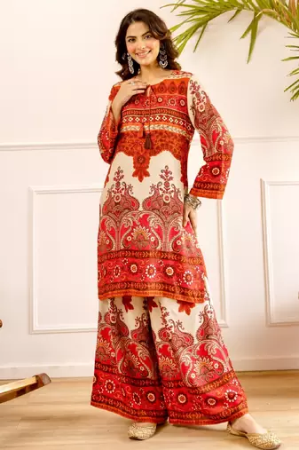 Women's pink rayon printed kurti set with palazzo