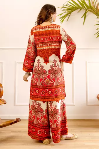Women's pink rayon printed kurti set with palazzo