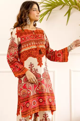 Women's pink rayon printed kurti set with palazzo