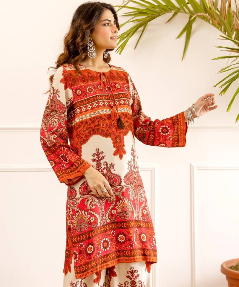 Women's pink rayon printed kurti set with palazzo