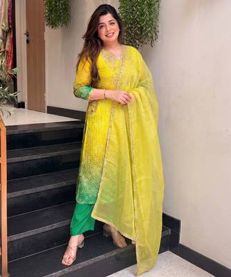 Women's yellow silk blend embroidered straight kurta set with pant and dupatta 1