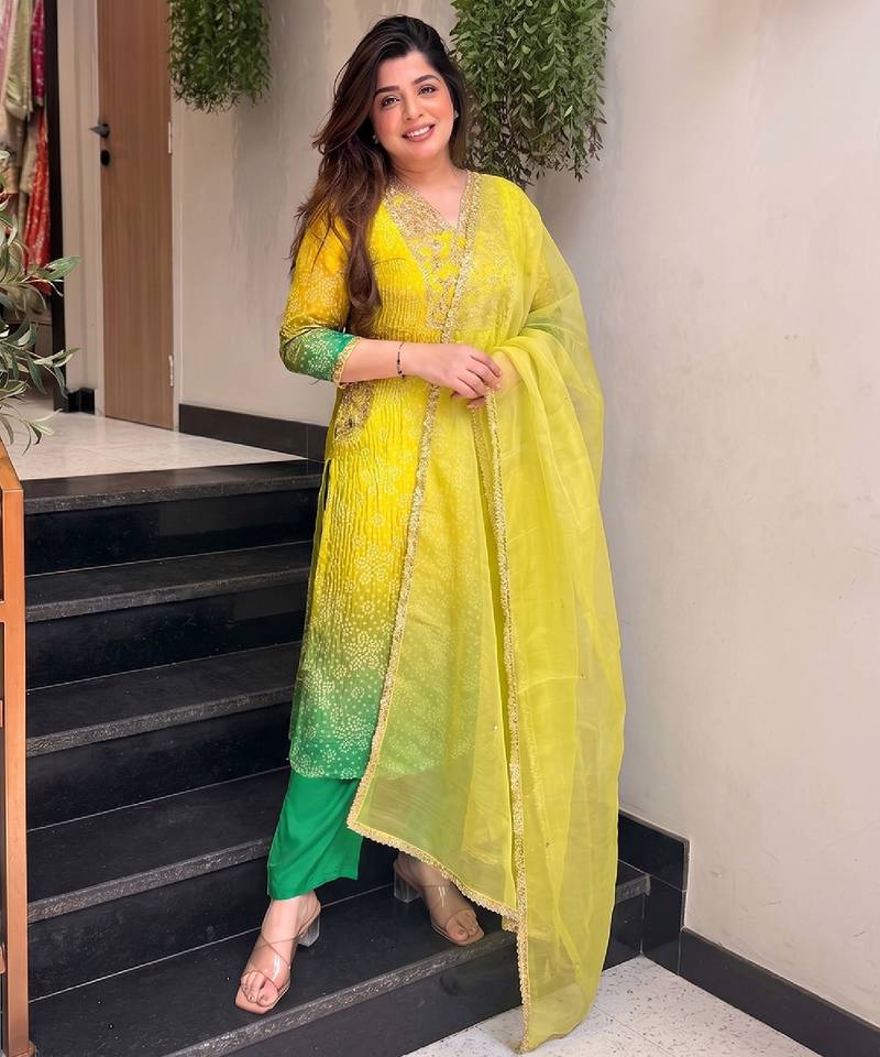 Women's yellow silk blend embroidered straight kurta set with pant and dupatta