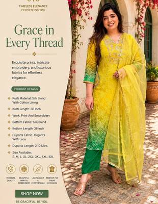 Women's yellow silk blend embroidered straight kurta set with pant and dupatta 2