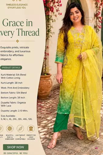 Women's yellow silk blend embroidered straight kurta set with pant and dupatta
