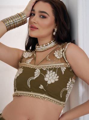 Wedding Wear Olive Green Thread Embroidery Sequence Net Lehenga Choli 2