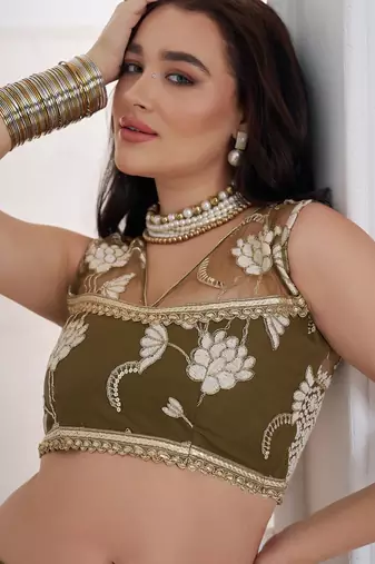Wedding Wear Olive Green Thread Embroidery Sequence Net Lehenga Choli