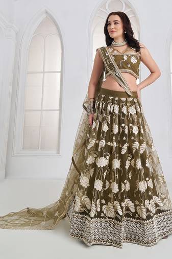 Wedding Wear Olive Green Thread Embroidery Sequence Net Lehenga Choli