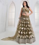 Wedding Wear Olive Green Thread Embroidery Sequence Net Lehenga Choli