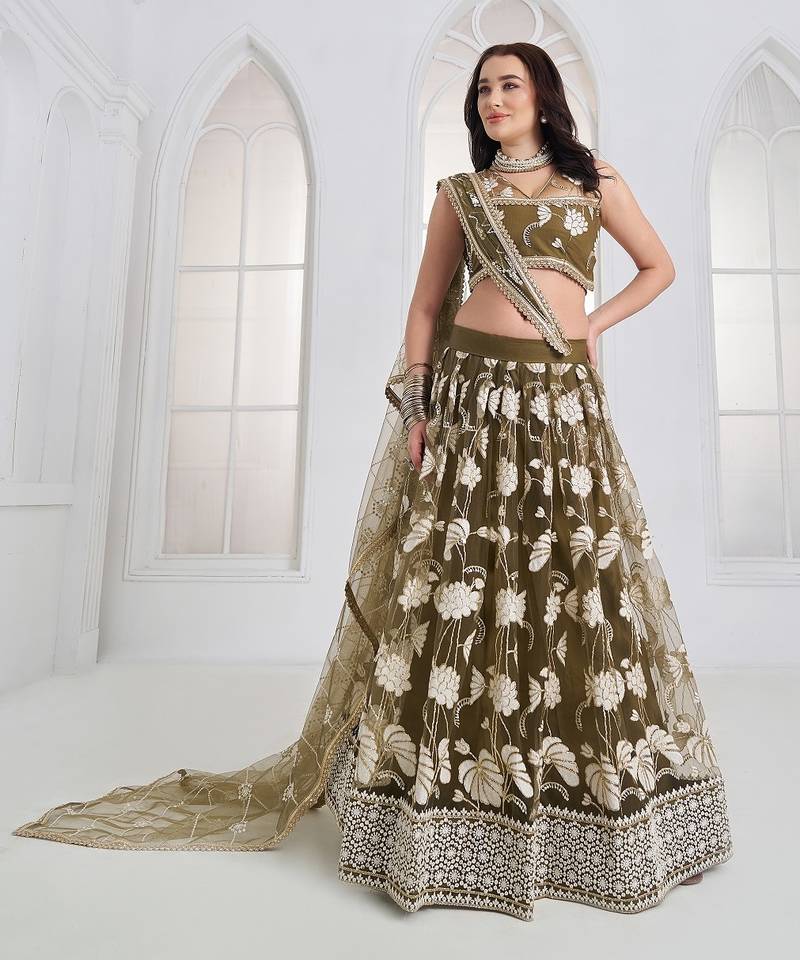 Wedding Wear Olive Green Thread Embroidery Sequence Net Lehenga Choli