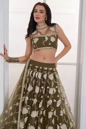 Wedding Wear Olive Green Thread Embroidery Sequence Net Lehenga Choli