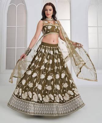 Wedding Wear Olive Green Thread Embroidery Sequence Net Lehenga Choli 4