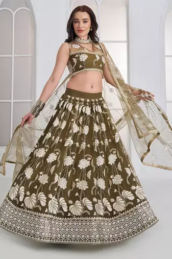 Wedding Wear Olive Green Thread Embroidery Sequence Net Lehenga Choli