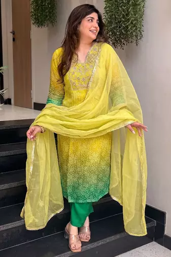 Women's yellow silk blend embroidered straight kurta set with pant and dupatta