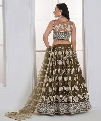 Wedding Wear Olive Green Thread Embroidery Sequence Net Lehenga Choli 5