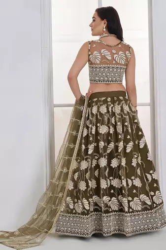 Wedding Wear Olive Green Thread Embroidery Sequence Net Lehenga Choli