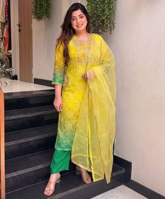 Women's yellow silk blend embroidered straight kurta set with pant and dupatta 4