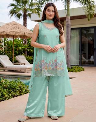 Women's  sea green crepe embroidered straight kurti set with palazzo and dupatta 1