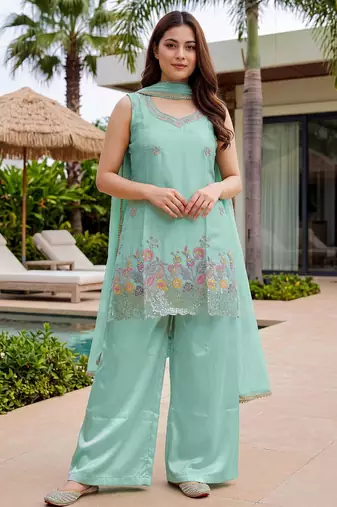 Women's  sea green crepe embroidered straight kurti set with palazzo and dupatta