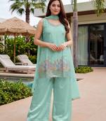 Women's  sea green crepe embroidered straight kurti set with palazzo and dupatta