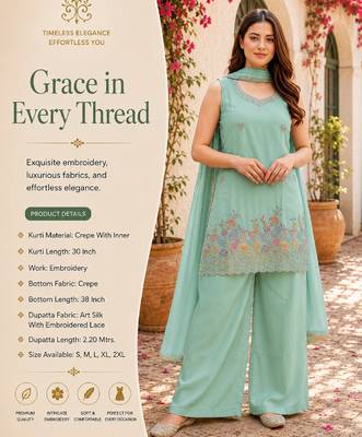 Women's  sea green crepe embroidered straight kurti set with palazzo and dupatta 2
