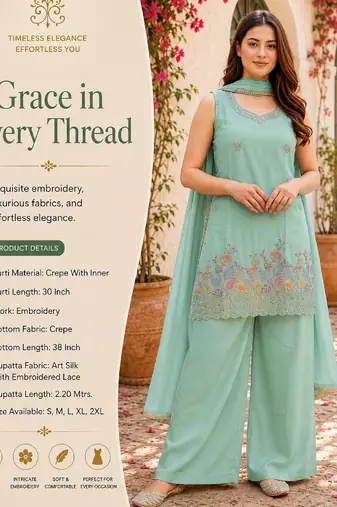 Women's  sea green crepe embroidered straight kurti set with palazzo and dupatta