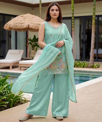 Women's  sea green crepe embroidered straight kurti set with palazzo and dupatta 3