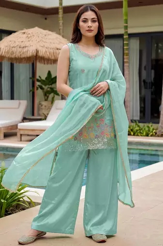 Women's  sea green crepe embroidered straight kurti set with palazzo and dupatta