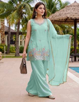 Women's  sea green crepe embroidered straight kurti set with palazzo and dupatta 4