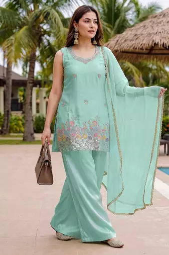 Women's  sea green crepe embroidered straight kurti set with palazzo and dupatta