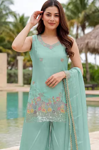 Women's  sea green crepe embroidered straight kurti set with palazzo and dupatta