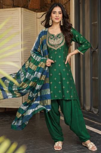 Women's green viscose embroidered straight kurta set with patiala pant and dupatta
