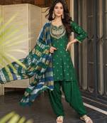 Women's green viscose embroidered straight kurta set with patiala pant and dupatta