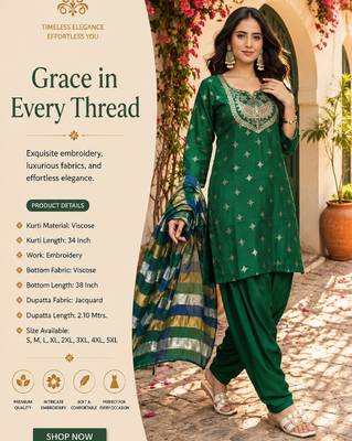 Women's green viscose embroidered straight kurta set with patiala pant and dupatta 2